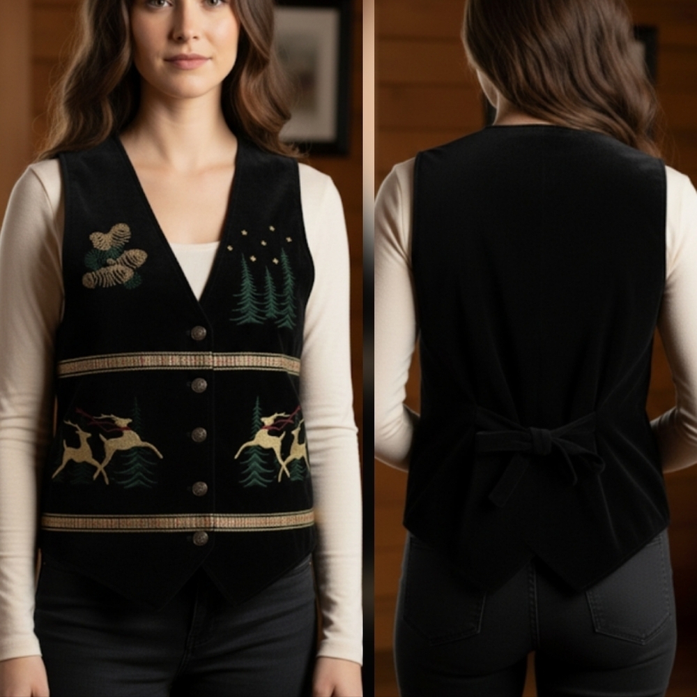 Vintage Karen Scott Holiday Themed Embroidered Vest Black Size XL